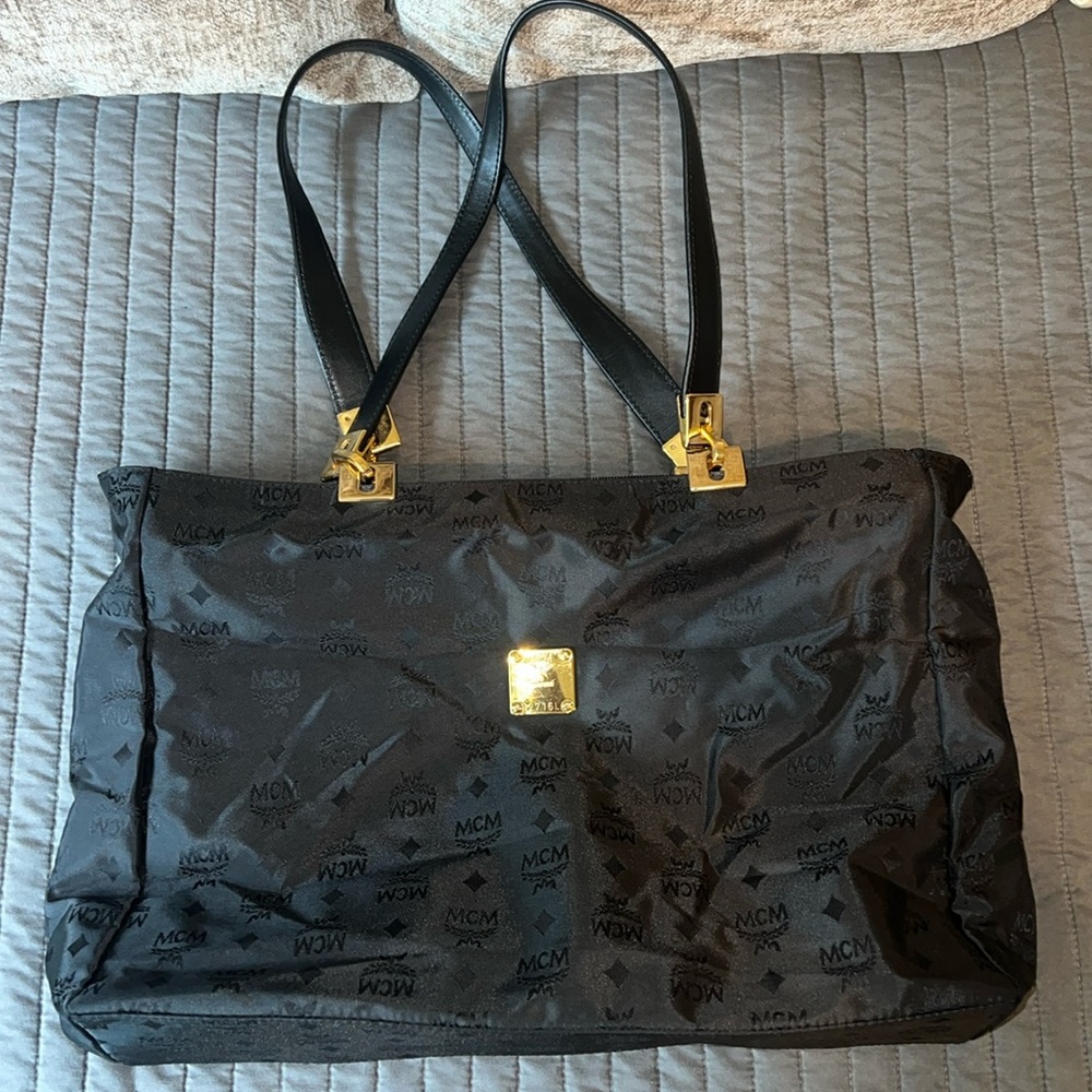 MCM Large Black Nylon Tote Gold Hardware